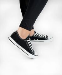 Kısa Kot Keten Bağcıklı Günlük Rahat Esnek  Düz Şeffaf Taban  Bez Ayakkabı Sneaker Siyah - 38