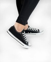 Kısa Kot Keten Bağcıklı Günlük Rahat Esnek  Düz Şeffaf Taban  Bez Ayakkabı Sneaker Siyah - 38