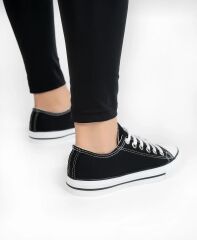Kısa Kot Keten Bağcıklı Günlük Rahat Esnek  Düz Şeffaf Taban  Bez Ayakkabı Sneaker Siyah - 39