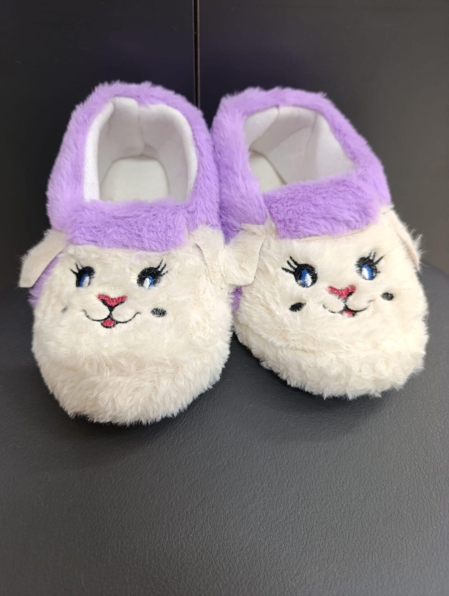 Çocuk Kaydırmaz Taban Panduf Pamuk Astarlı, Kedi Figürlü Çok Amaçlı Okul, Kreş Patiği, Ev Patiği Lila - 31-32