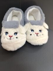 Çocuk Kaydırmaz Taban Panduf Pamuk Astarlı, Kedi Figürlü Çok Amaçlı Okul, Kreş Patiği, Ev Patiği Gri - 21-22