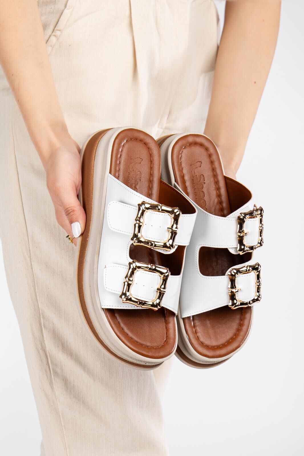 Günlük Kadın Terlik Çift Tokalı Yumuşak Rahat Ortopedik Beyaz - 40