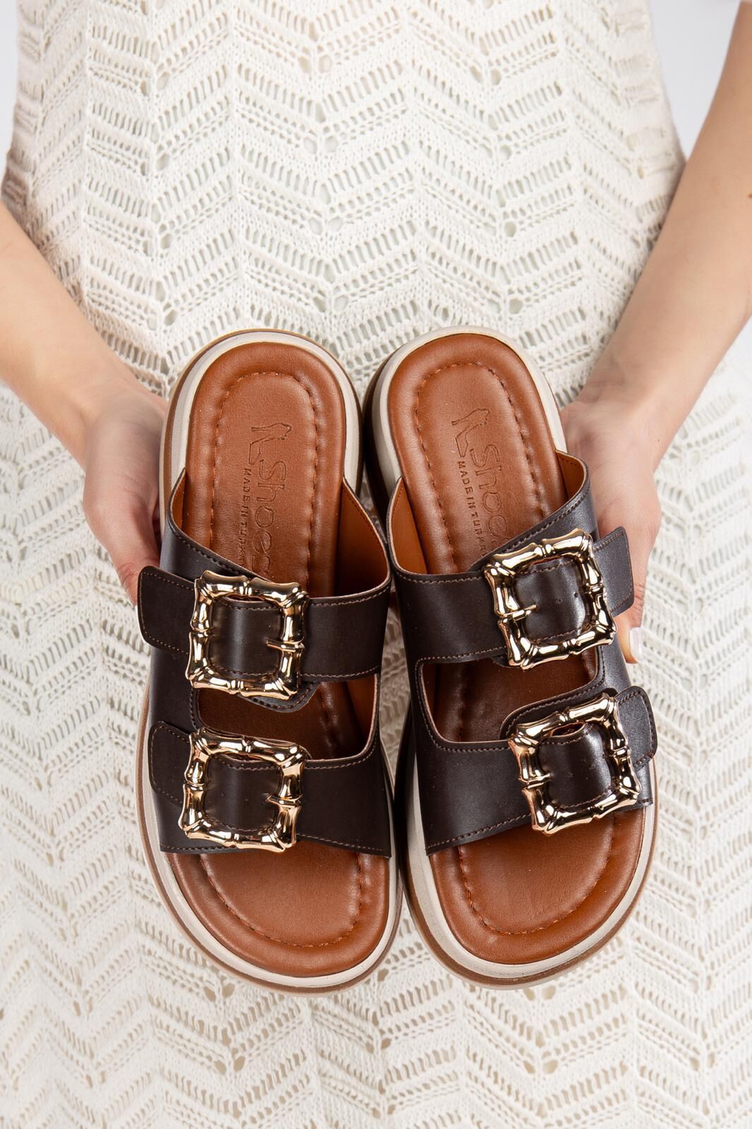 Günlük Kadın Terlik Çift Tokalı Yumuşak Rahat Ortopedik Kahverengi - 40