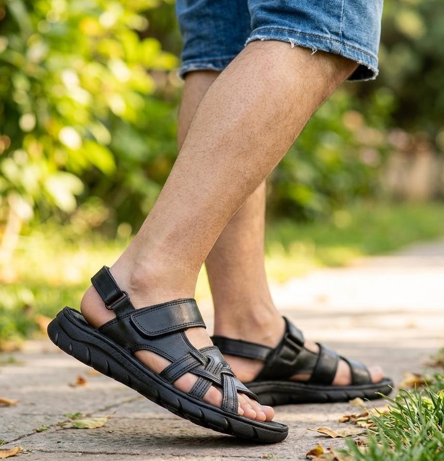 Erkek Hakiki Deri Sandalet Yumuşak  Puf Yazlık Ortopedik Sandalet Siyah - 45
