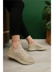 Günlük Kadın Erkek  Unisex Sneaker Triko Nefes Alabilen Yürüyüş Bağcıksız Esnek  Spor Ayakkabı Bej - 37