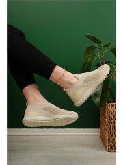 Günlük Kadın Erkek  Unisex Sneaker Triko Nefes Alabilen Yürüyüş Bağcıksız Esnek  Spor Ayakkabı Bej - 38