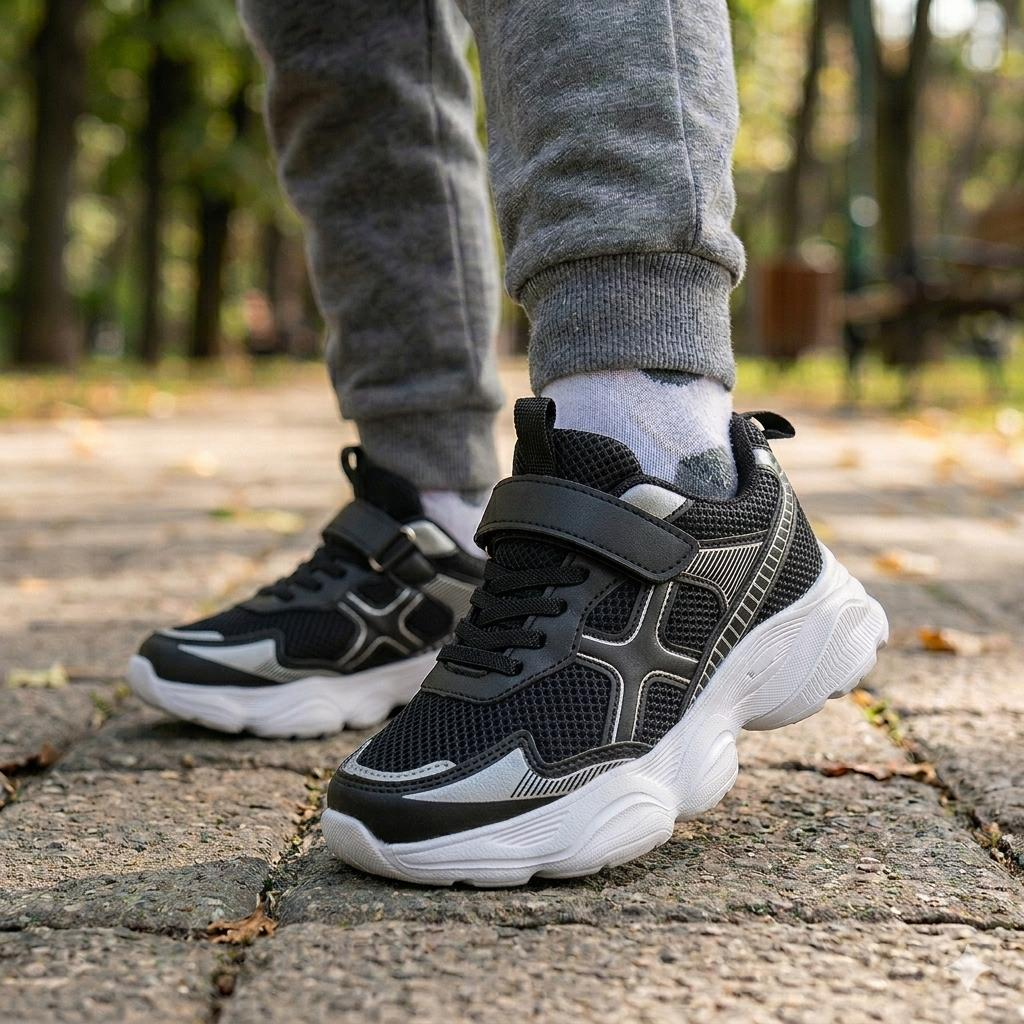 Çocuk Günlük  Yumuşak Rahat Taban Cırt Bantlı Spor Ayakkabı Sneaker Siyah - Beyaz - 35