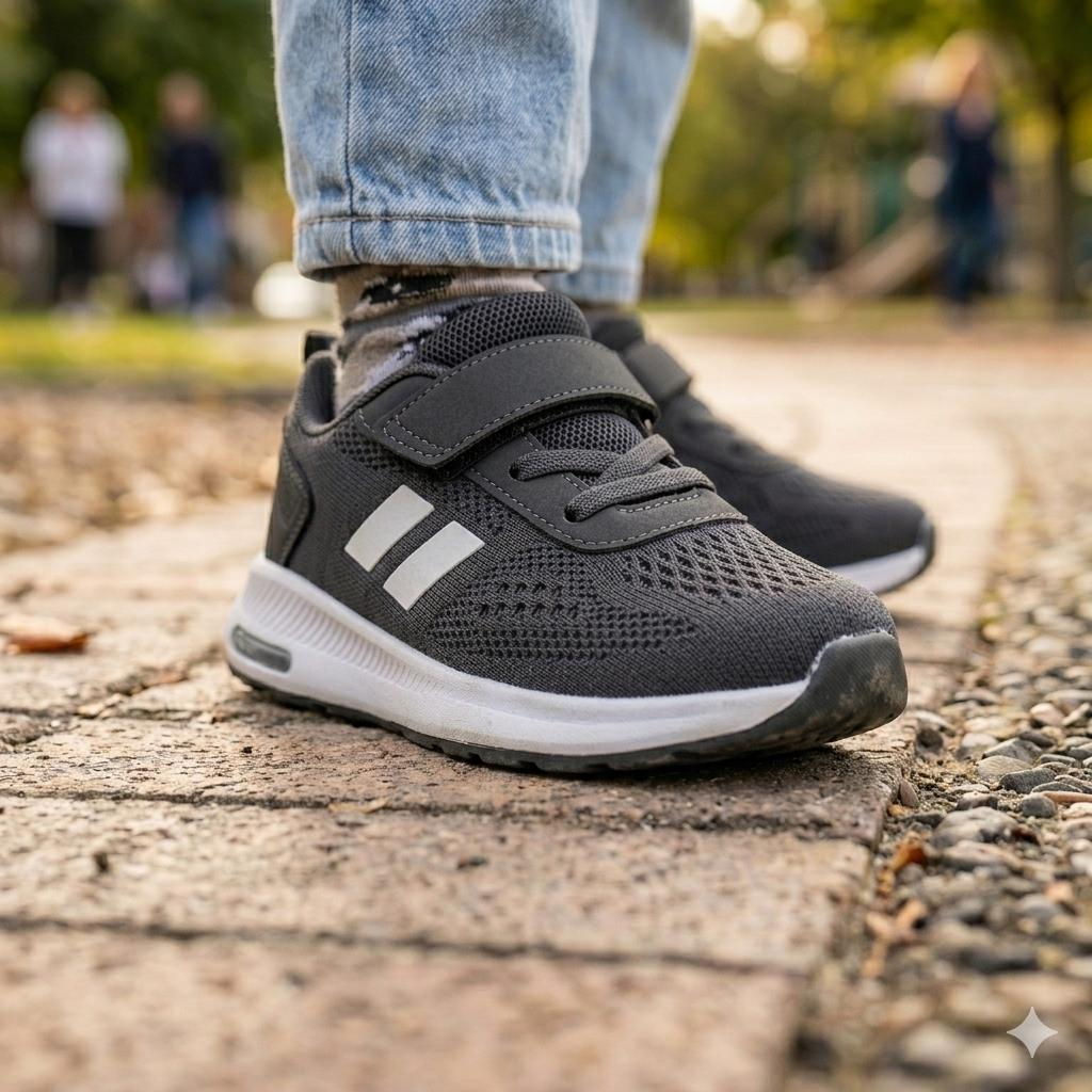 Çocuk Günlük  Yumuşak Rahat Taban Triko Cırt Bantlı Spor Ayakkabı Sneaker Füme Beyaz - 30