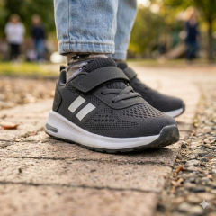 Çocuk Günlük  Yumuşak Rahat Taban Triko Cırt Bantlı Spor Ayakkabı Sneaker Füme Beyaz - 30