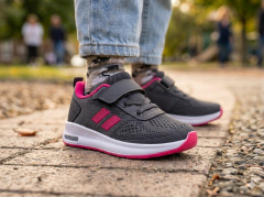 Çocuk Günlük  Yumuşak Rahat Taban Triko Cırt Bantlı Spor Ayakkabı Sneaker Füme Fuşya - 26