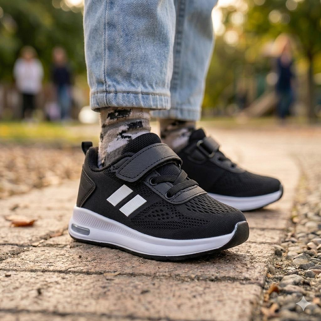 Çocuk Günlük  Yumuşak Rahat Taban Triko Cırt Bantlı Spor Ayakkabı Sneaker Siyah - Beyaz - 30