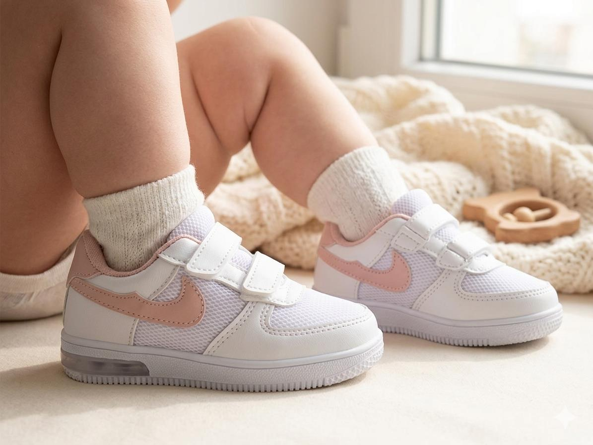 Bebek Günlük  Işıklı Yumuşak Rahat Taban Cırt Bantlı Spor Ayakkabı Sneaker Beyaz Pudra - 25