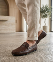 İçi Dışı Hakiki Deri Erkek Günlük Loafer Ayakkabı Rahat Taban Kahverengi - 42