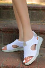 Günlük Kadın Triko Taşlı Sandalet Yumuşak Rahat Ortopedik Beyaz - 39