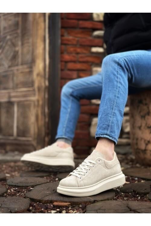 Kalın Yüksek Taban Krem Süet Bağcıklı Spor Erkek Ayakkabı Krem - 43