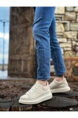 Kalın Yüksek Taban Krem Süet Bağcıklı Spor Erkek Ayakkabı Krem - 43