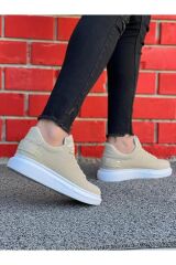 Erkek Süet Spor Günlük Ayakkabı Yüksek Kalın Taban Bağcıklı Sneaker Bej - 42