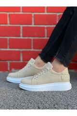 Erkek Süet Spor Günlük Ayakkabı Yüksek Kalın Taban Bağcıklı Sneaker Bej - 43