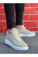 Erkek Süet Spor Günlük Ayakkabı Yüksek Kalın Taban Bağcıklı Sneaker Bej - 44